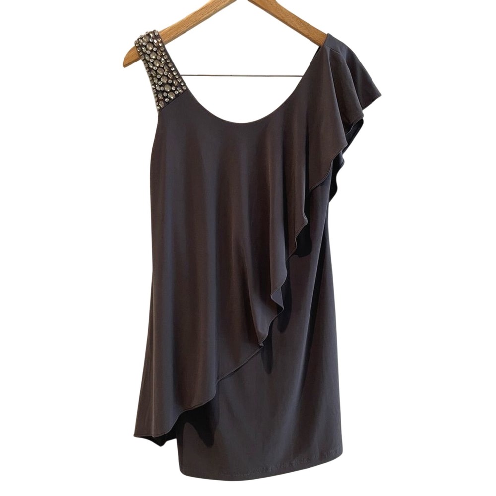 Betsy & Adam One Shoulder Dress Black Rhinestone Ruffle Cocktail Womens 8